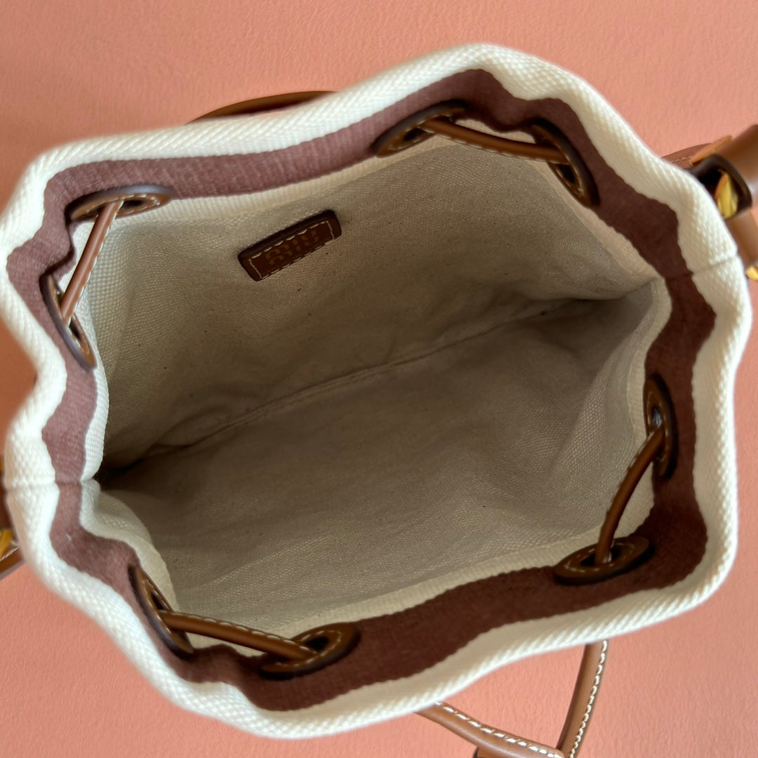 Miu Miu 26S Bucket Bag 23 in Cream and Brown Canvas Gold Hardware