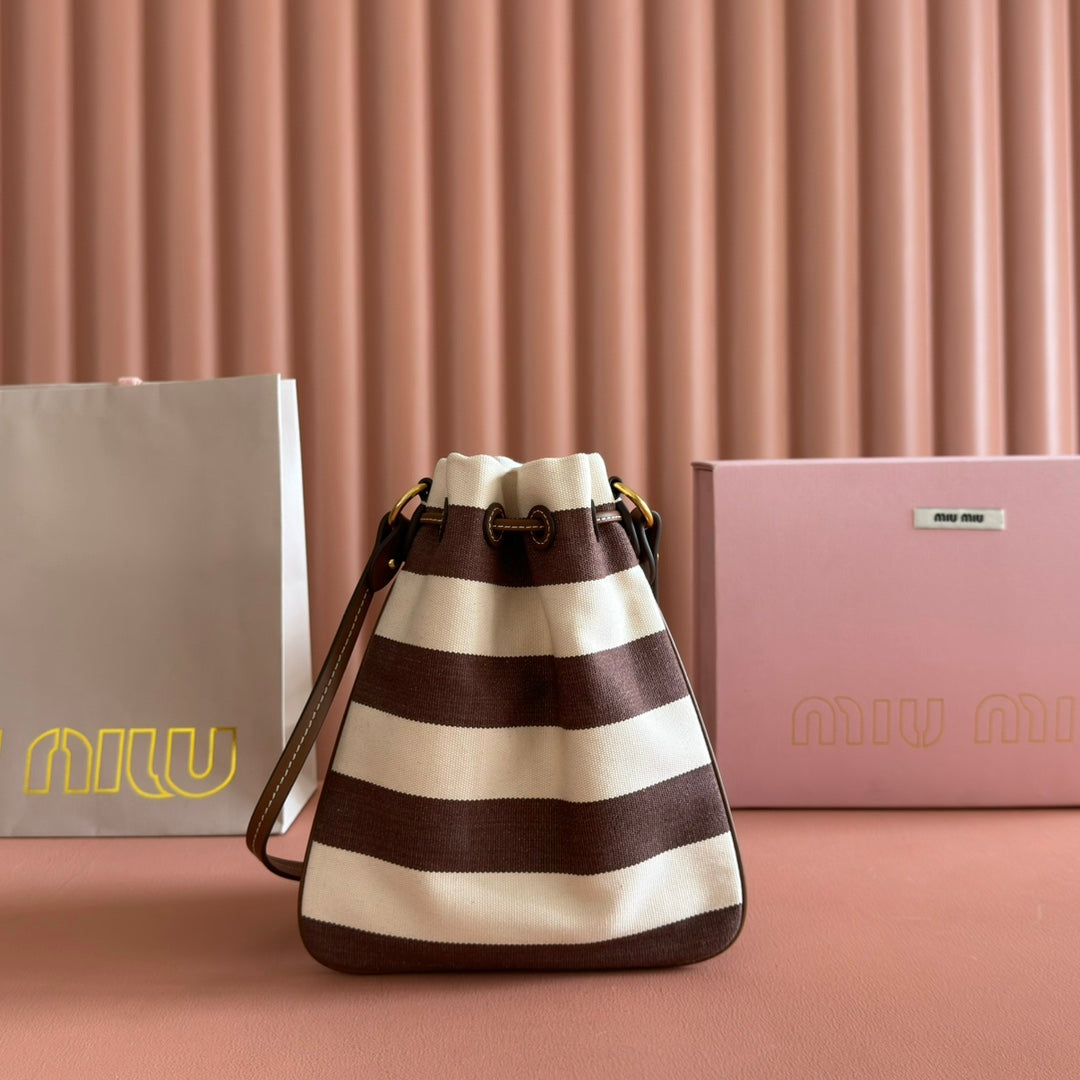 Miu Miu 26S Bucket Bag 23 in Cream and Brown Canvas Gold Hardware