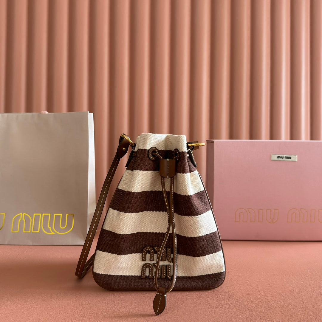 Miu Miu 26S Bucket Bag 23 in Cream and Brown Canvas Gold Hardware