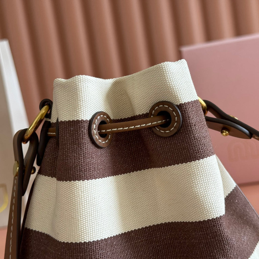 Miu Miu 26S Bucket Bag 23 in Cream and Brown Canvas Gold Hardware