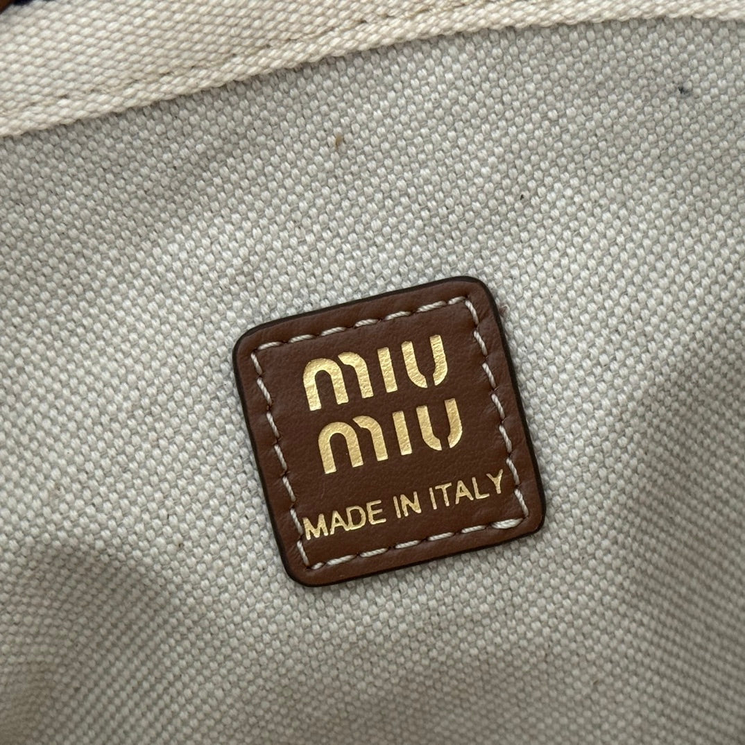 Miu Miu 26S Bucket Bag 23 in Cream and Navy Blue Canvas Gold Hardware