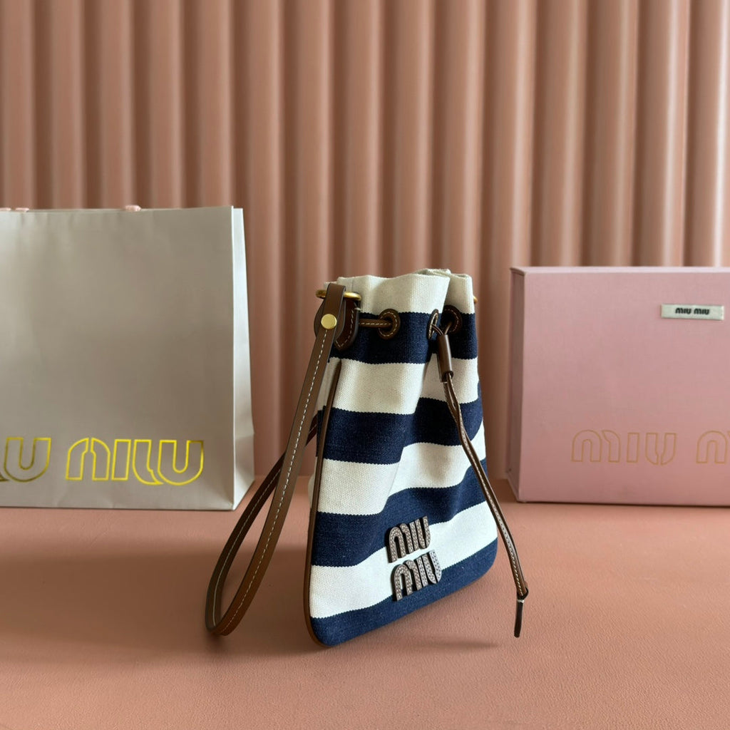Miu Miu 26S Bucket Bag 23 in Cream and Navy Blue Canvas Gold Hardware