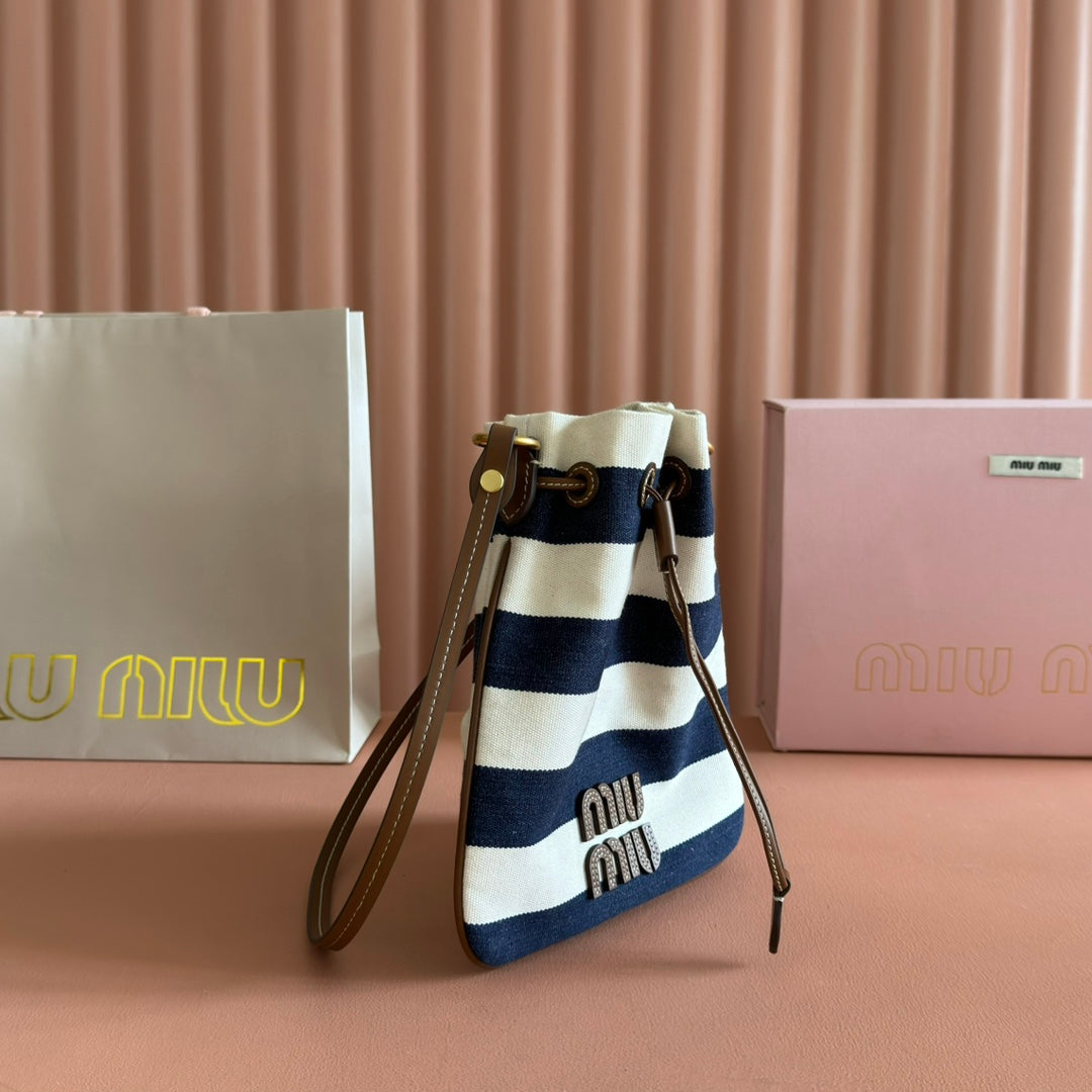 Miu Miu 26S Bucket Bag 23 in Cream and Navy Blue Canvas Gold Hardware