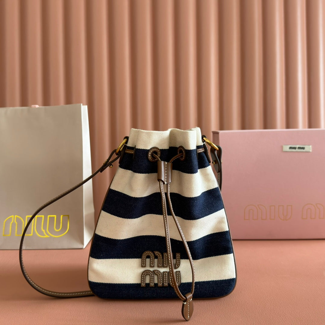 Miu Miu 26S Bucket Bag 23 in Cream and Navy Blue Canvas Gold Hardware