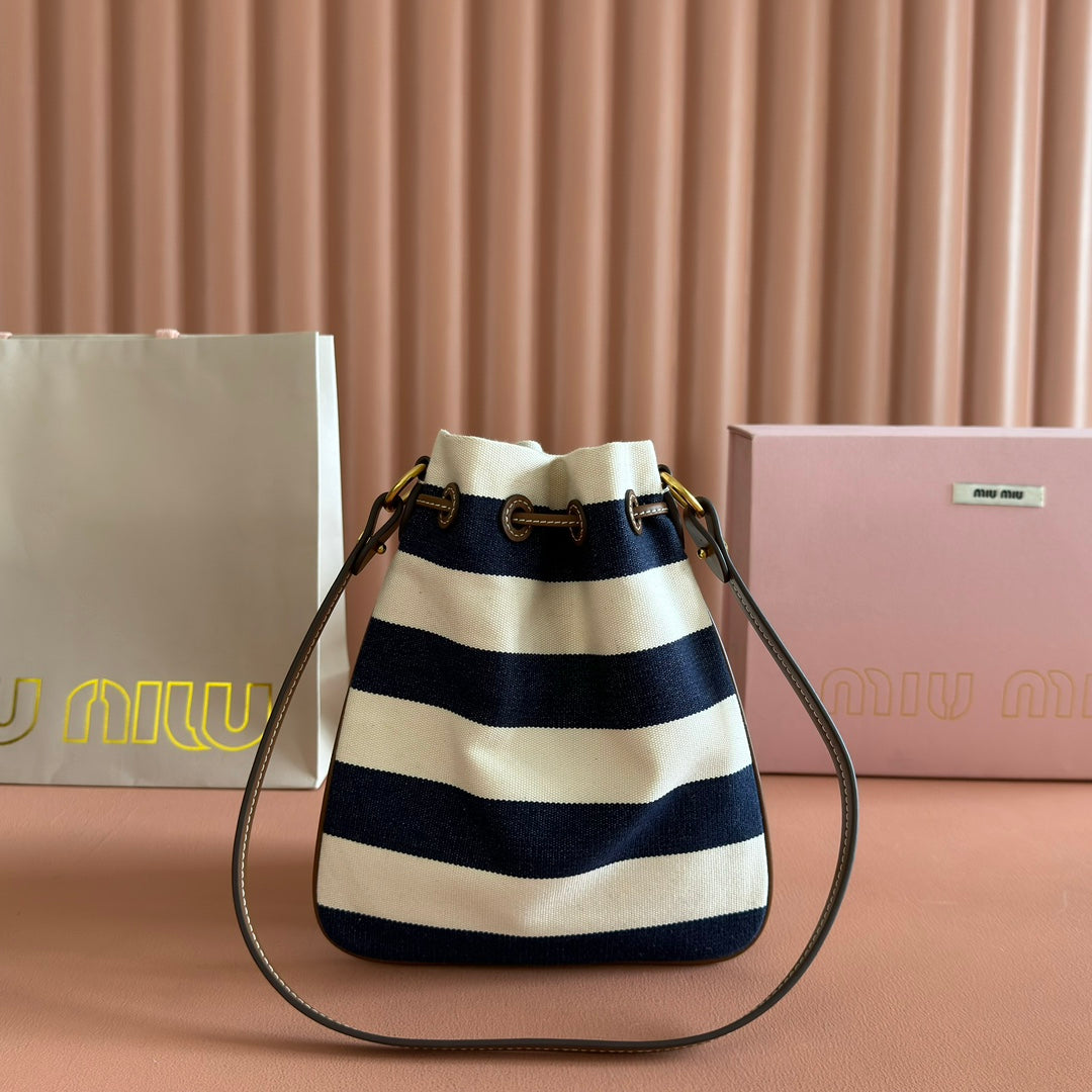 Miu Miu 26S Bucket Bag 23 in Cream and Navy Blue Canvas Gold Hardware