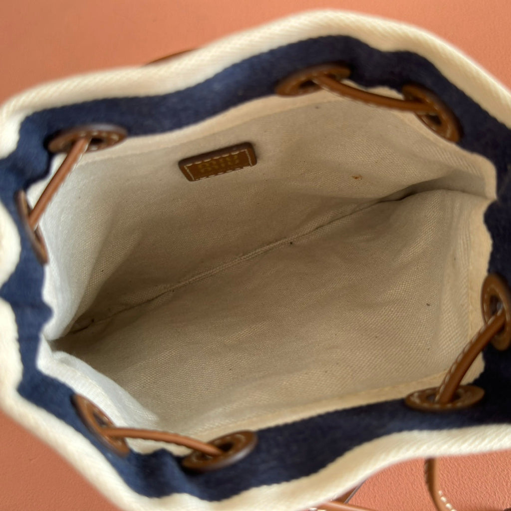 Miu Miu 26S Bucket Bag 23 in Cream and Navy Blue Canvas Gold Hardware