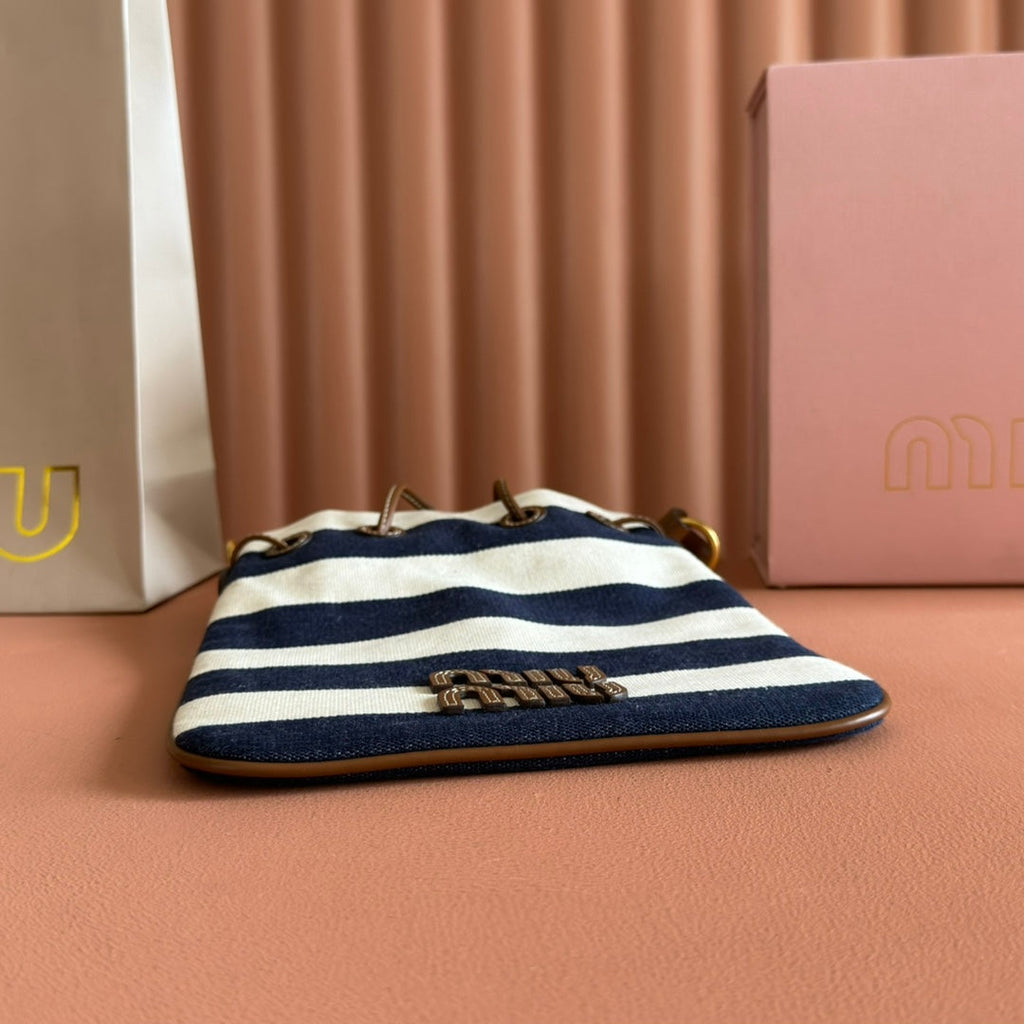 Miu Miu 26S Bucket Bag 23 in Cream and Navy Blue Canvas Gold Hardware