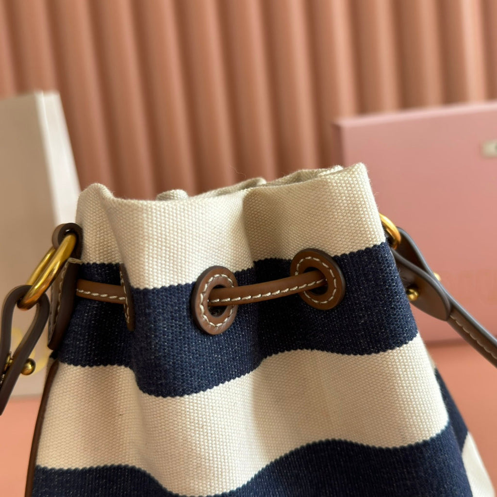 Miu Miu 26S Bucket Bag 23 in Cream and Navy Blue Canvas Gold Hardware
