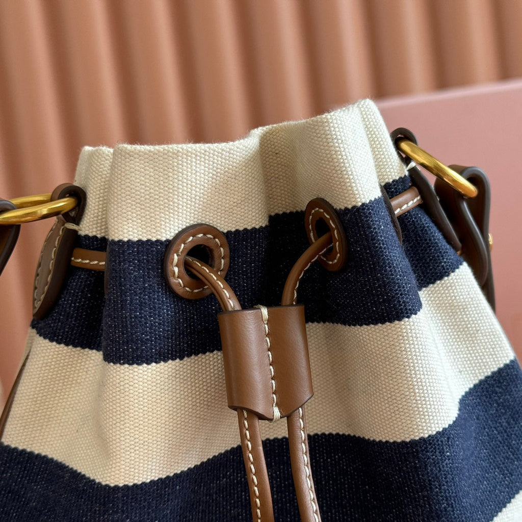 Miu Miu 26S Bucket Bag 23 in Cream and Navy Blue Canvas Gold Hardware