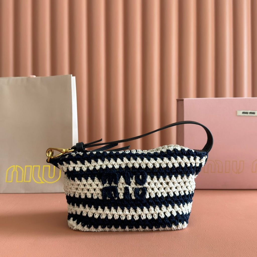 Miu Miu 26S Pouch Bag 25 in Cream and Navy Wool with Calfskin Handle