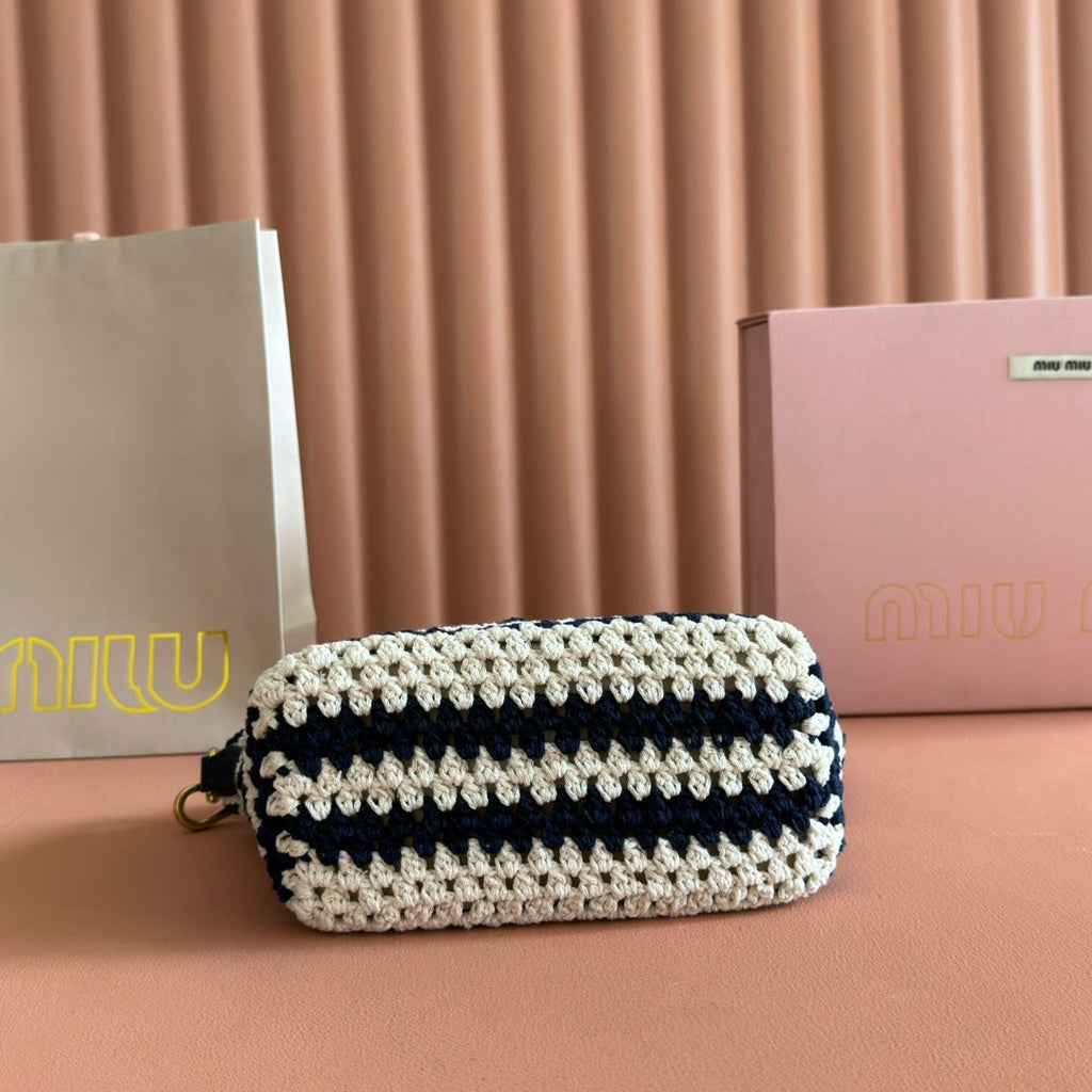 Miu Miu 26S Pouch Bag 25 in Cream and Navy Wool with Calfskin Handle
