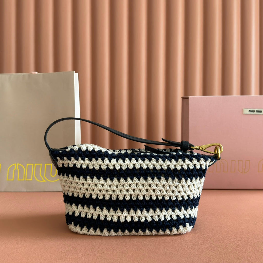 Miu Miu 26S Pouch Bag 25 in Cream and Navy Wool with Calfskin Handle