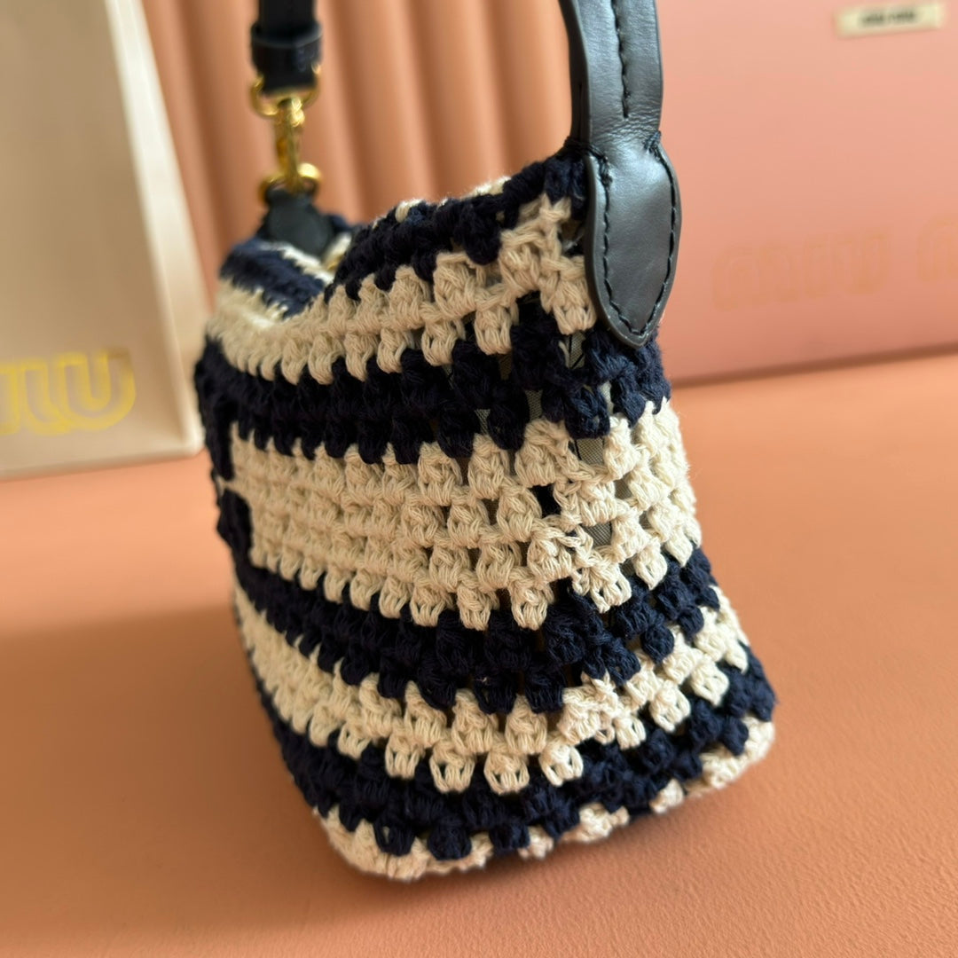 Miu Miu 26S Pouch Bag 25 in Cream and Navy Wool with Calfskin Handle