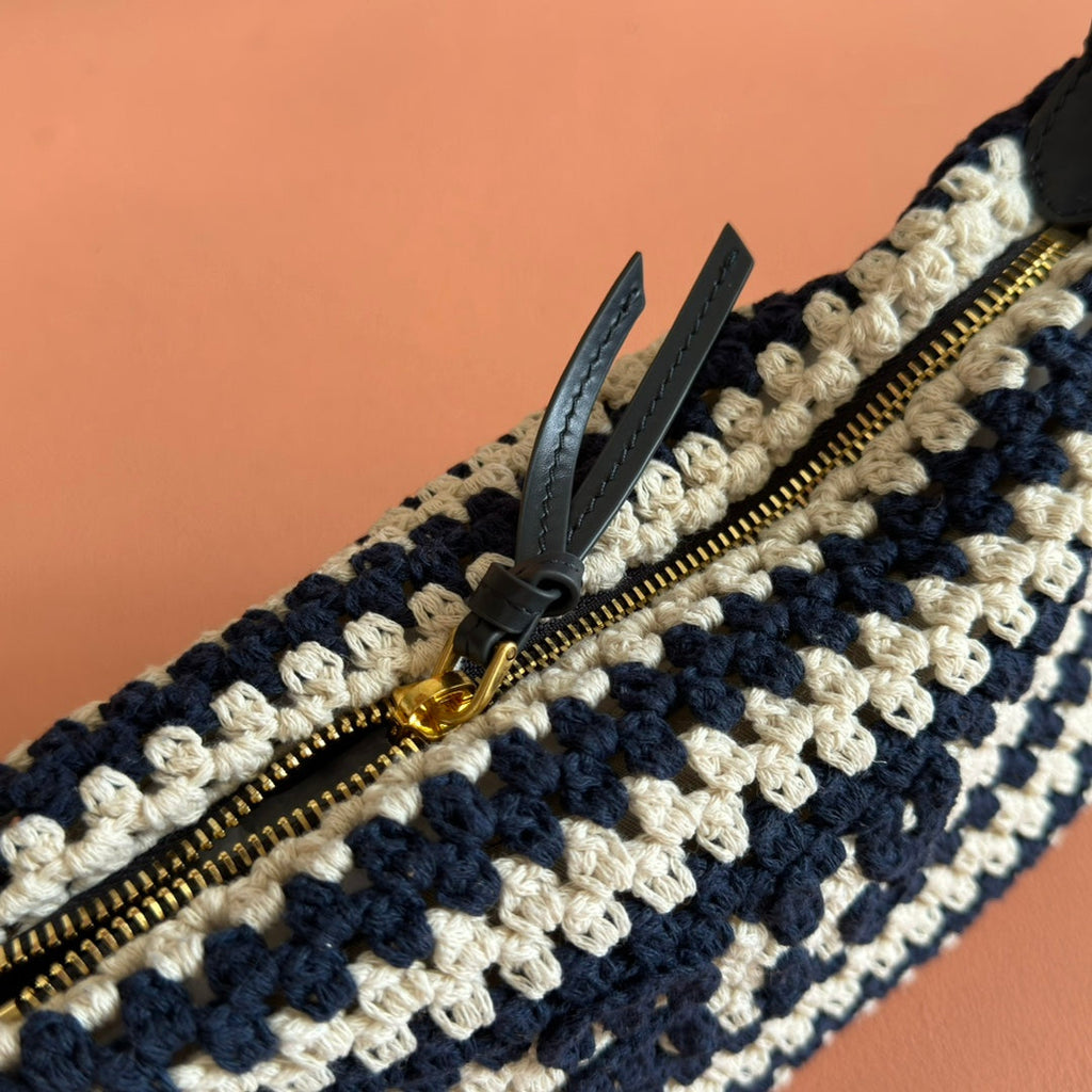 Miu Miu 26S Pouch Bag 25 in Cream and Navy Wool with Calfskin Handle