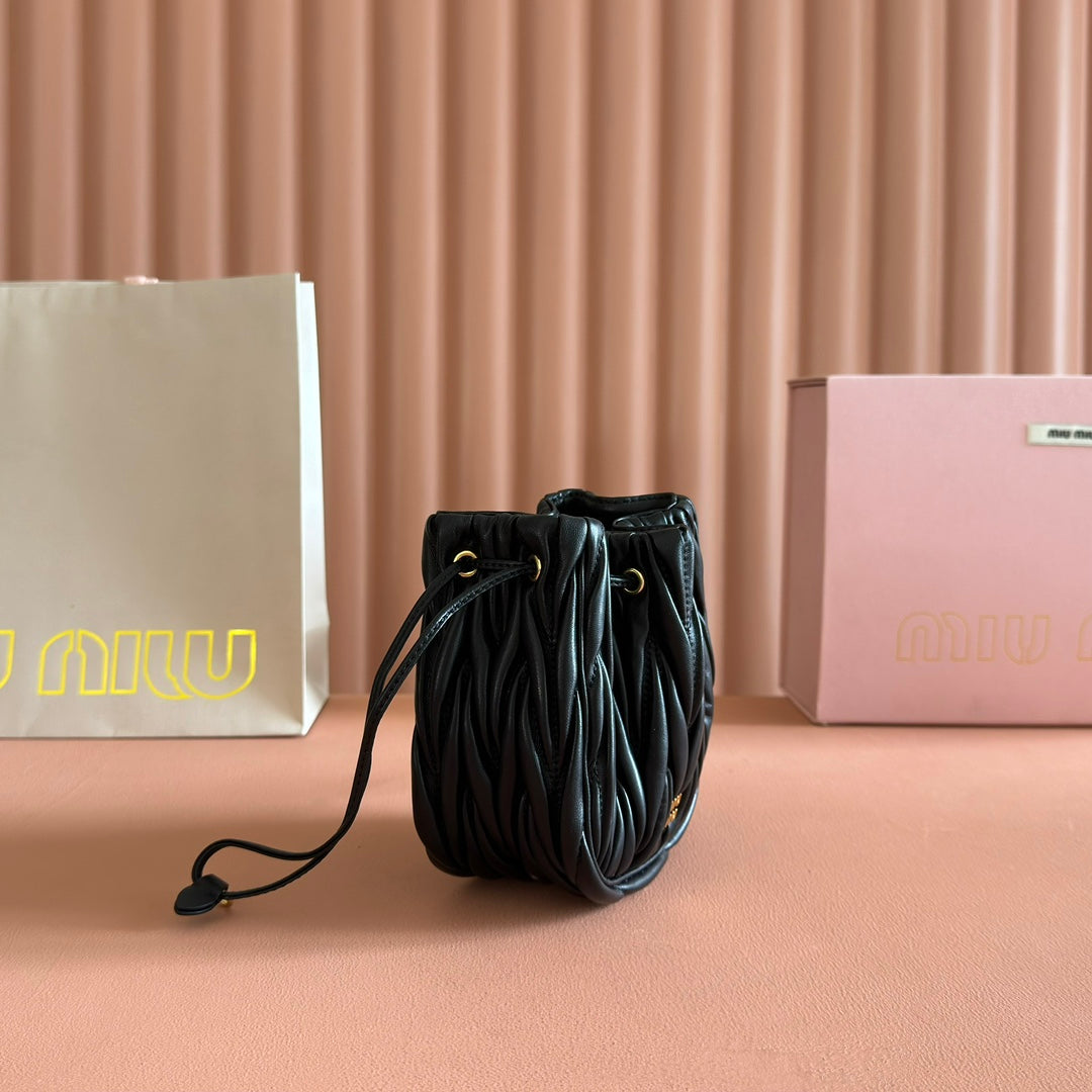 Miu Miu 26S Matelasse Pouch Bag 16 in Black Calfskin Gold Hardware