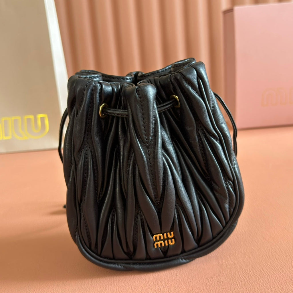 Miu Miu 26S Matelasse Pouch Bag 16 in Black Calfskin Gold Hardware