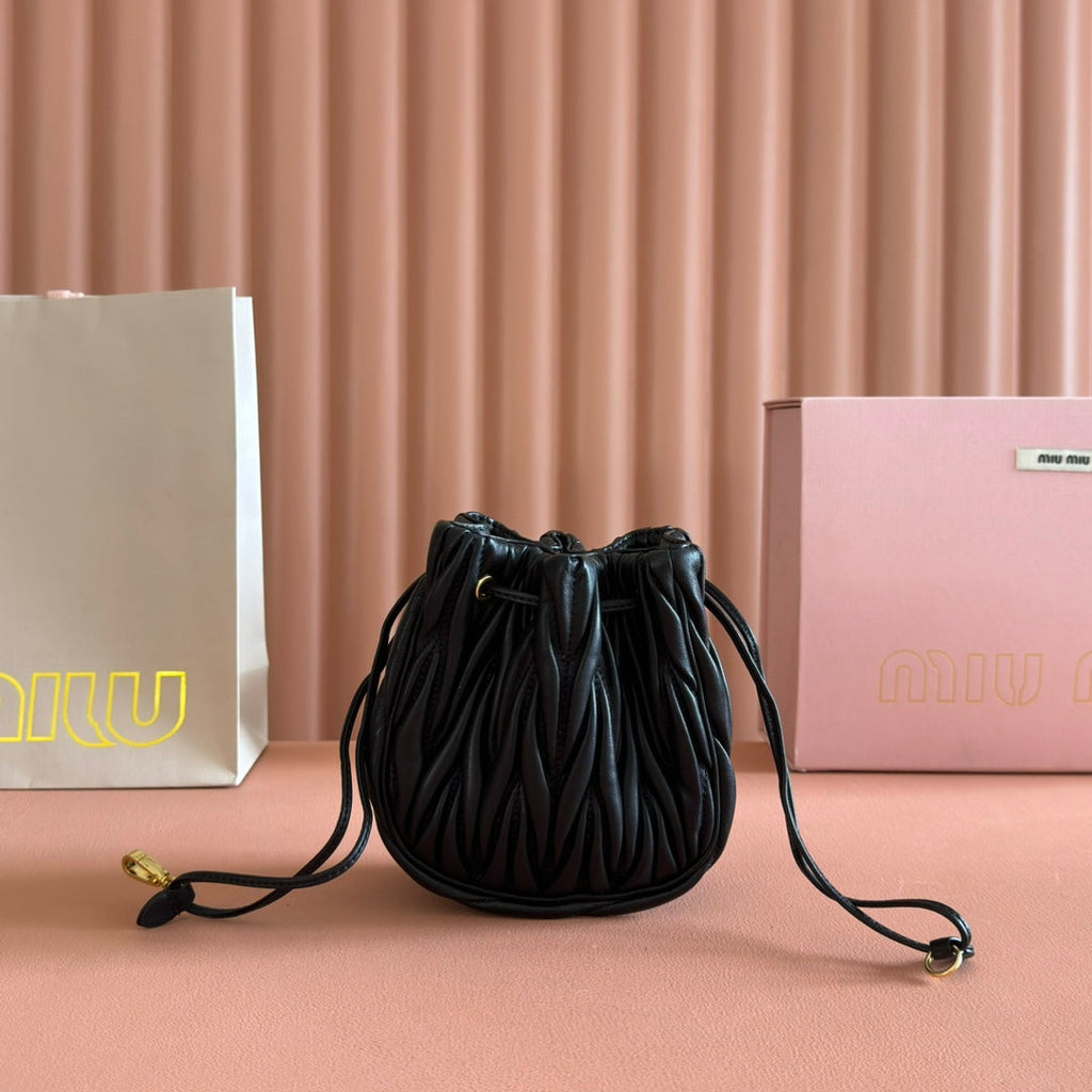Miu Miu 26S Matelasse Pouch Bag 16 in Black Calfskin Gold Hardware