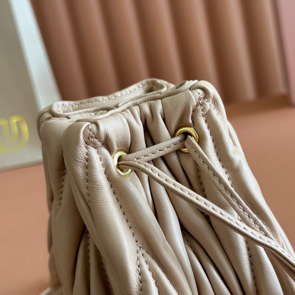 Miu Miu 26S Matelasse Pouch Bag 16 in Light Beige Calfskin Gold Hardware