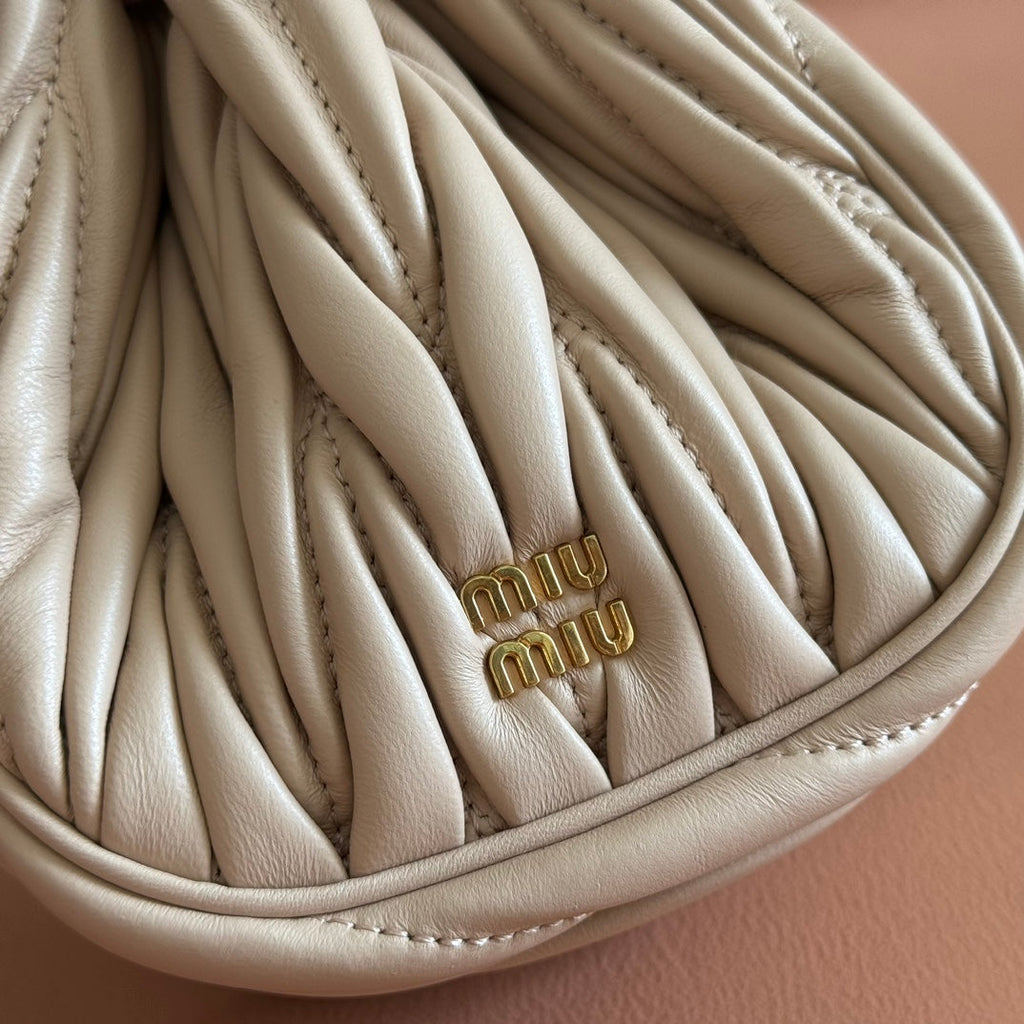 Miu Miu 26S Matelasse Pouch Bag 16 in Light Beige Calfskin Gold Hardware