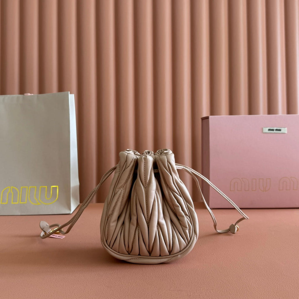 Miu Miu 26S Matelasse Pouch Bag 16 in Light Beige Calfskin Gold Hardware