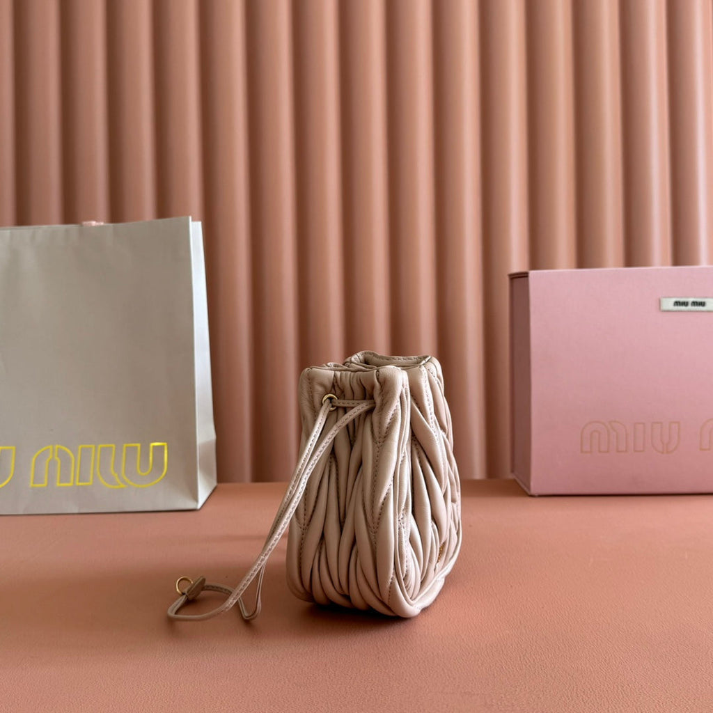 Miu Miu 26S Matelasse Pouch Bag 16 in Light Beige Calfskin Gold Hardware