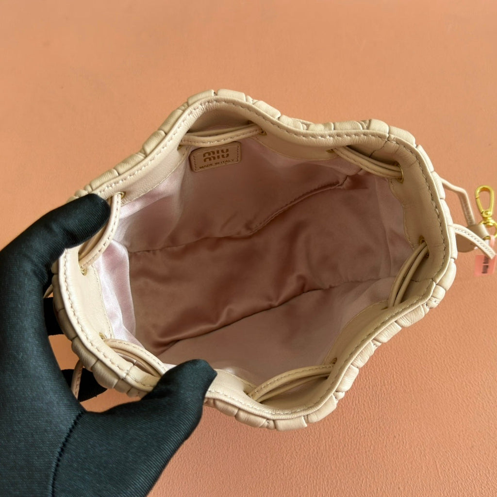 Miu Miu 26S Matelasse Pouch Bag 16 in Light Beige Calfskin Gold Hardware