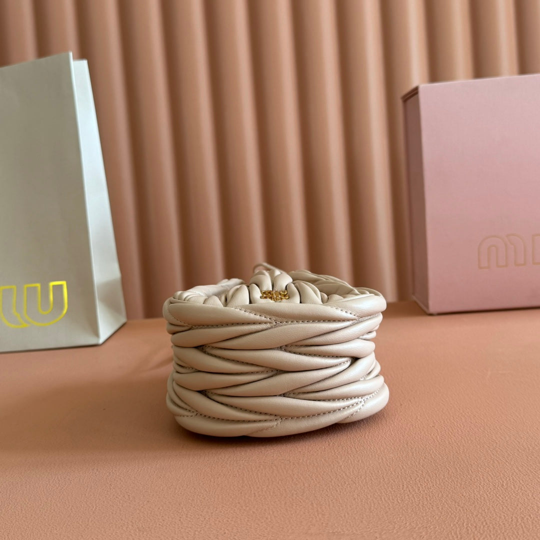 Miu Miu 26S Matelasse Pouch Bag 16 in Light Beige Calfskin Gold Hardware