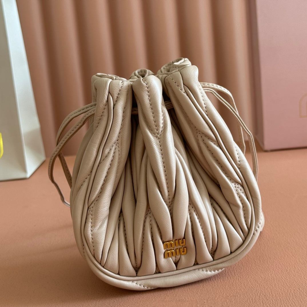 Miu Miu 26S Matelasse Pouch Bag 16 in Light Beige Calfskin Gold Hardware