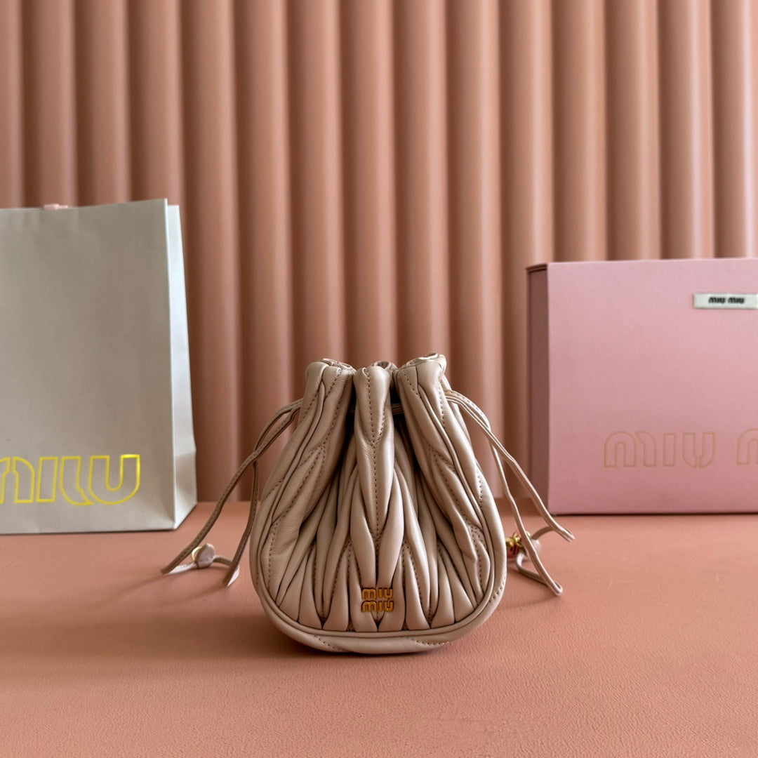 Miu Miu 26S Matelasse Pouch Bag 16 in Light Beige Calfskin Gold Hardware