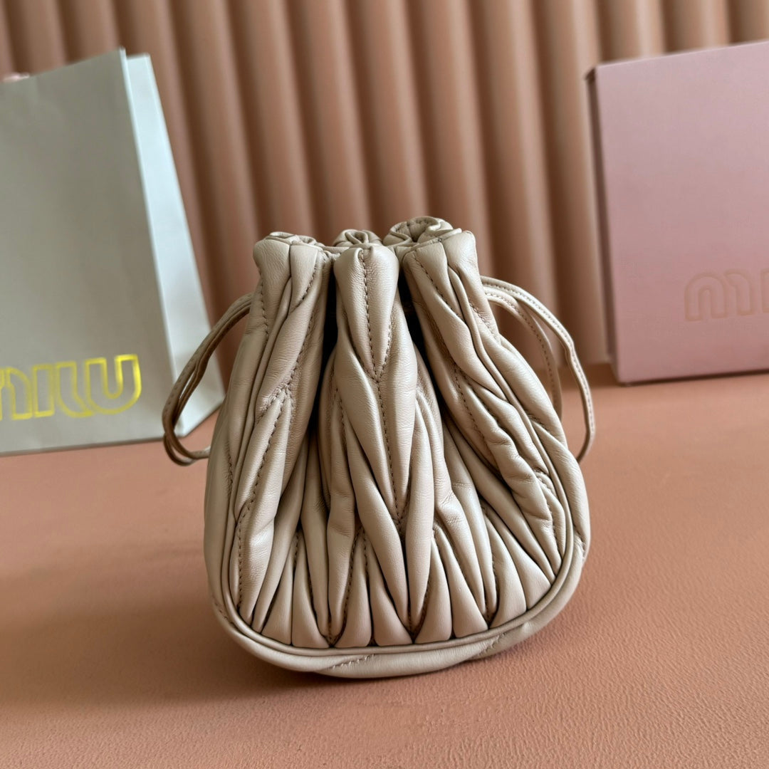 Miu Miu 26S Matelasse Pouch Bag 16 in Light Beige Calfskin Gold Hardware