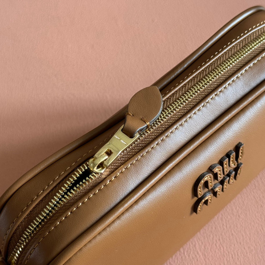 Miu Miu 26S Pouch Bag 20 in Tan Brown Calfskin Gold Hardware