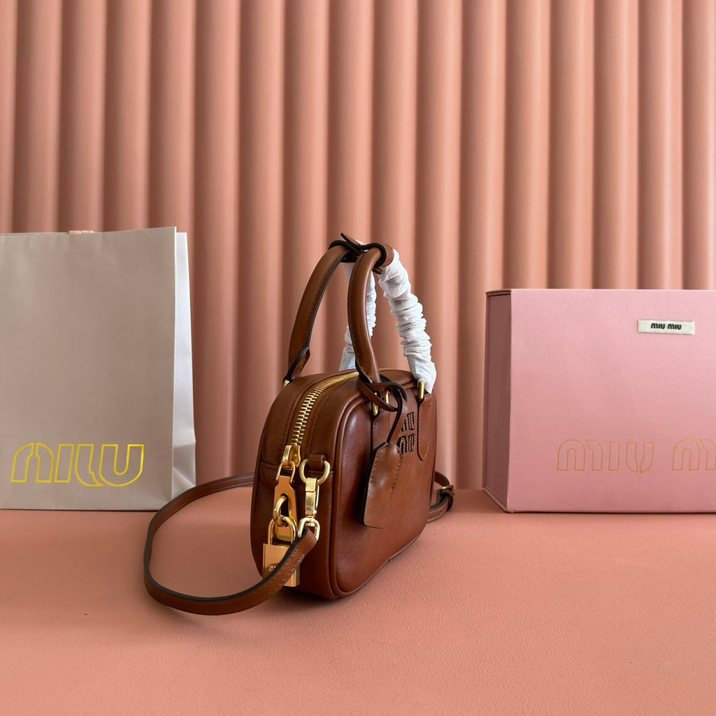 Miu Miu 26S Arcadie Bag 19 in Tan Brown Calfskin Gold Hardware