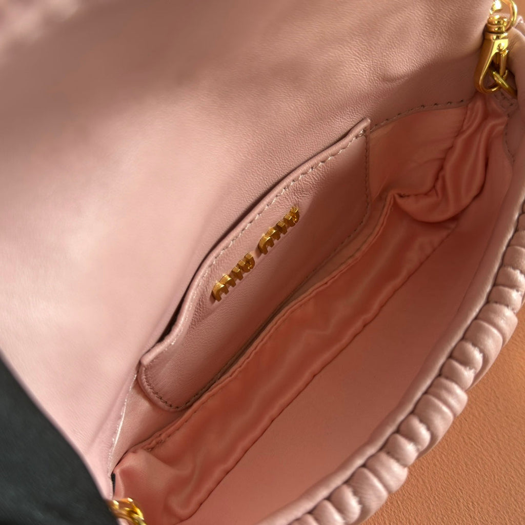 Miu Miu 26S Matelasse Mini Bag 18 in Pink Calfskin Gold Hardware