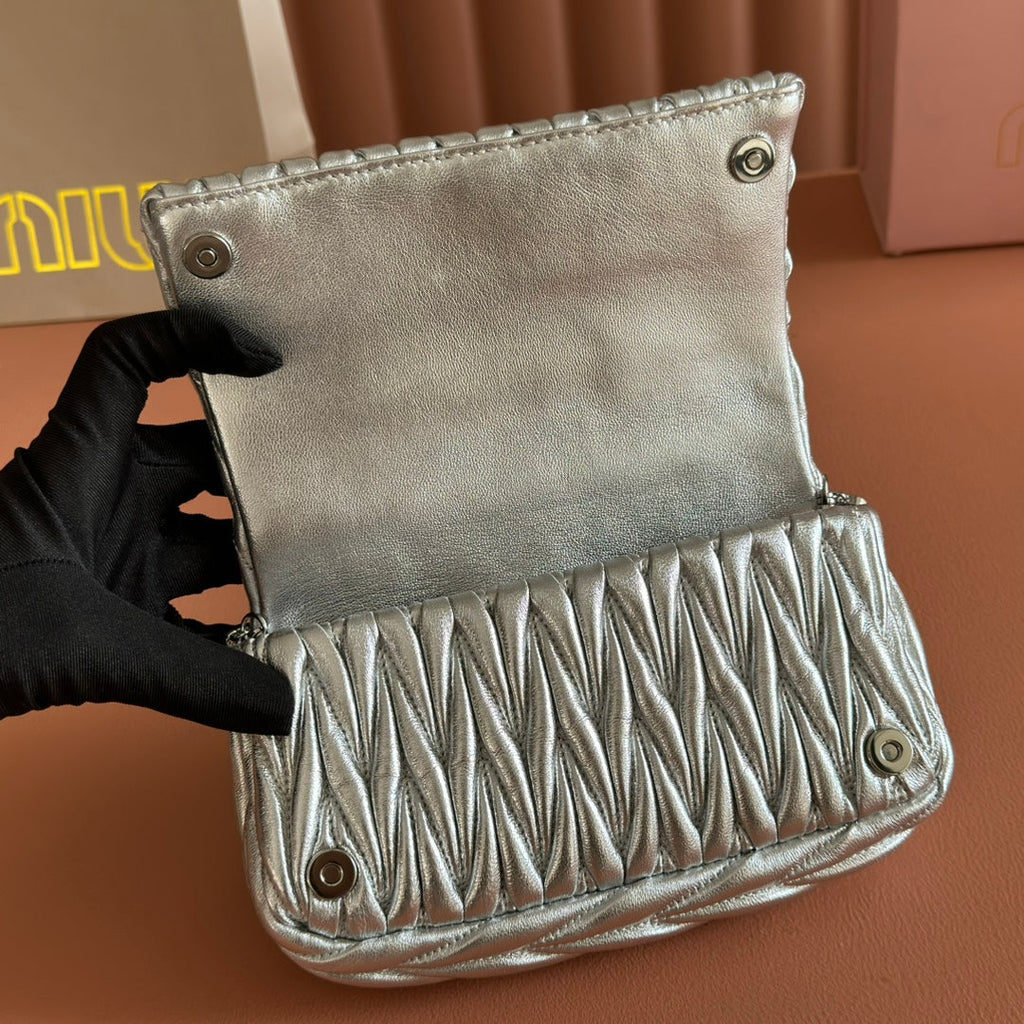 Miu Miu 26S Matelasse Mini Bag 18 in Silver Calfskin Silver Hardware