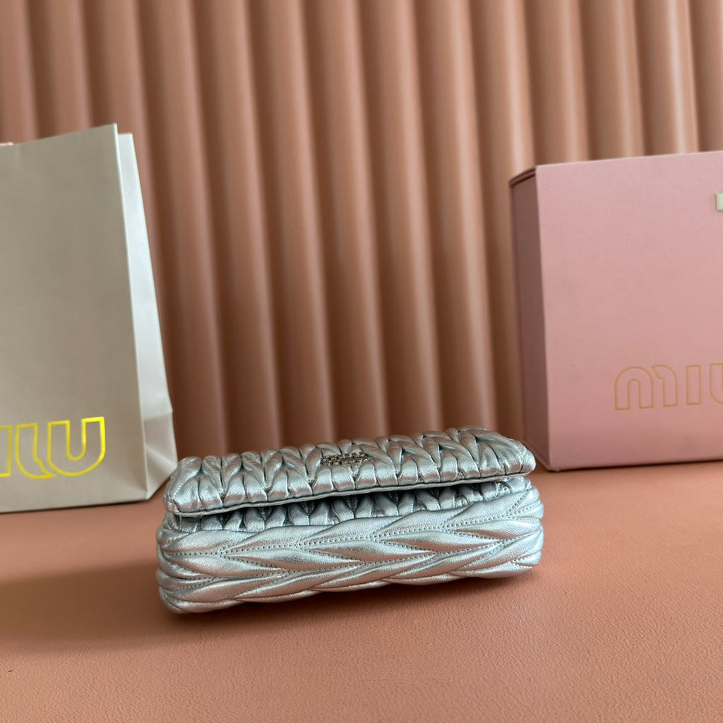 Miu Miu 26S Matelasse Mini Bag 18 in Silver Calfskin Silver Hardware
