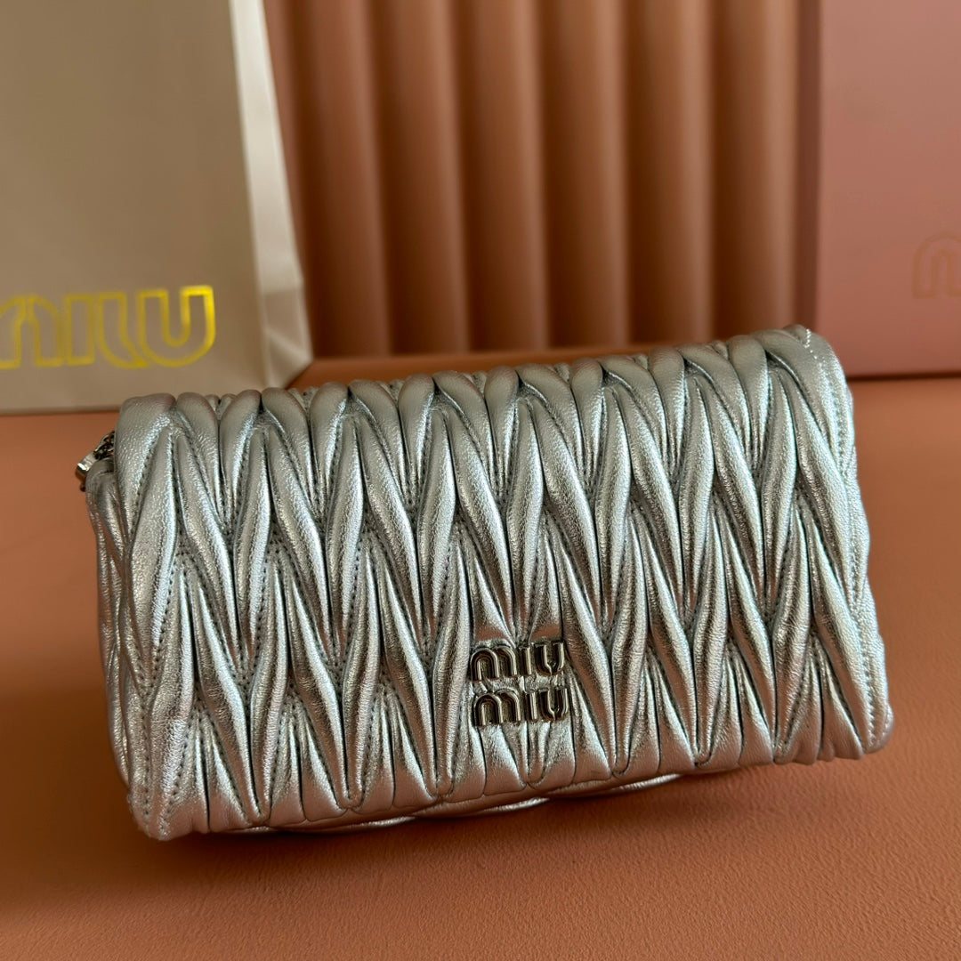 Miu Miu 26S Matelasse Mini Bag 18 in Silver Calfskin Silver Hardware
