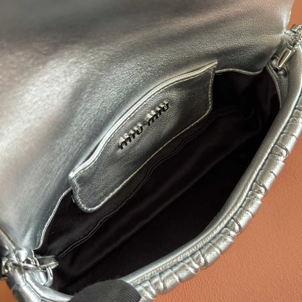Miu Miu 26S Matelasse Mini Bag 18 in Silver Calfskin Silver Hardware