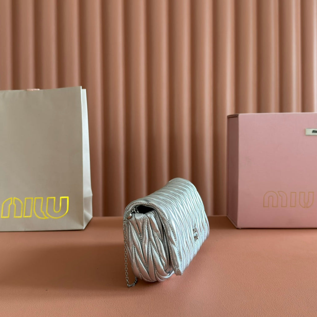 Miu Miu 26S Matelasse Mini Bag 18 in Silver Calfskin Silver Hardware