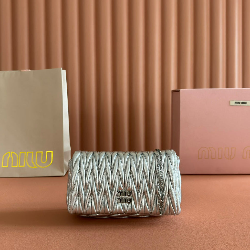 Miu Miu 26S Matelasse Mini Bag 18 in Silver Calfskin Silver Hardware