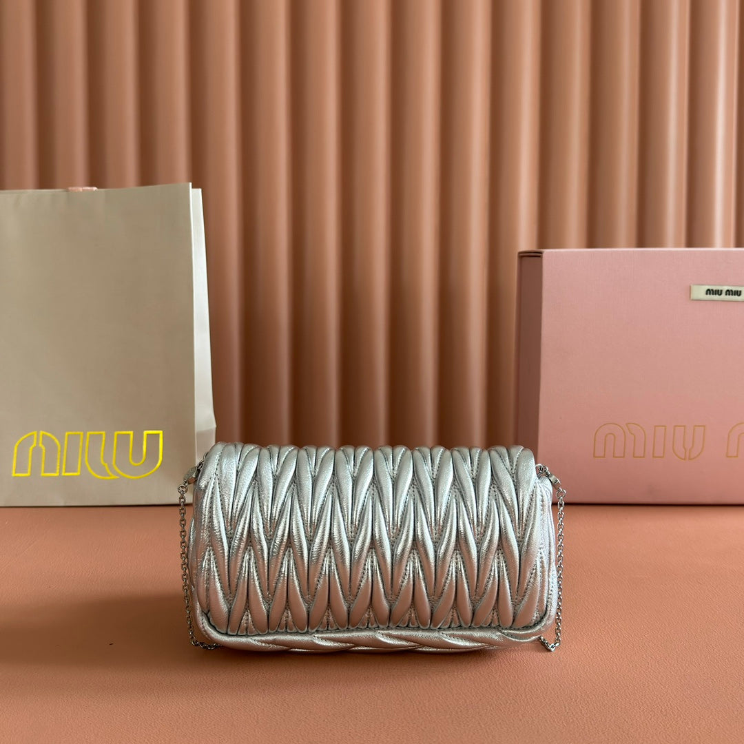 Miu Miu 26S Matelasse Mini Bag 18 in Silver Calfskin Silver Hardware