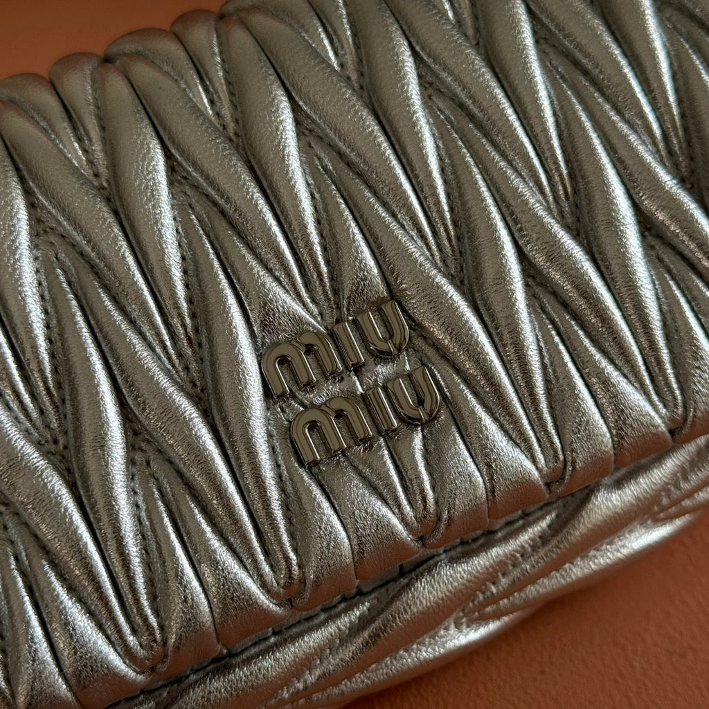 Miu Miu 26S Matelasse Mini Bag 18 in Silver Calfskin Silver Hardware