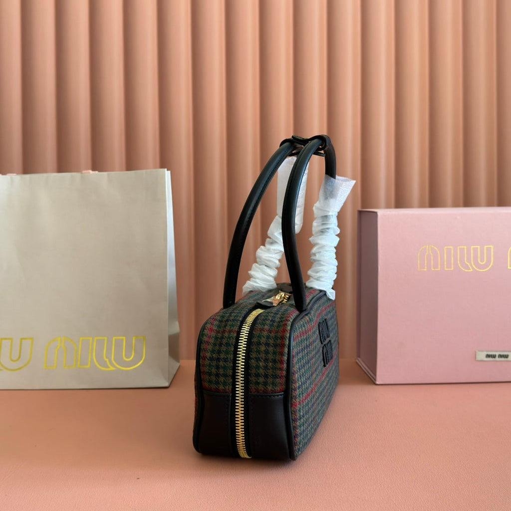 Miu Miu 26S Beau Canvas Bag 28 in Multicolor Wool and Black Calfskin