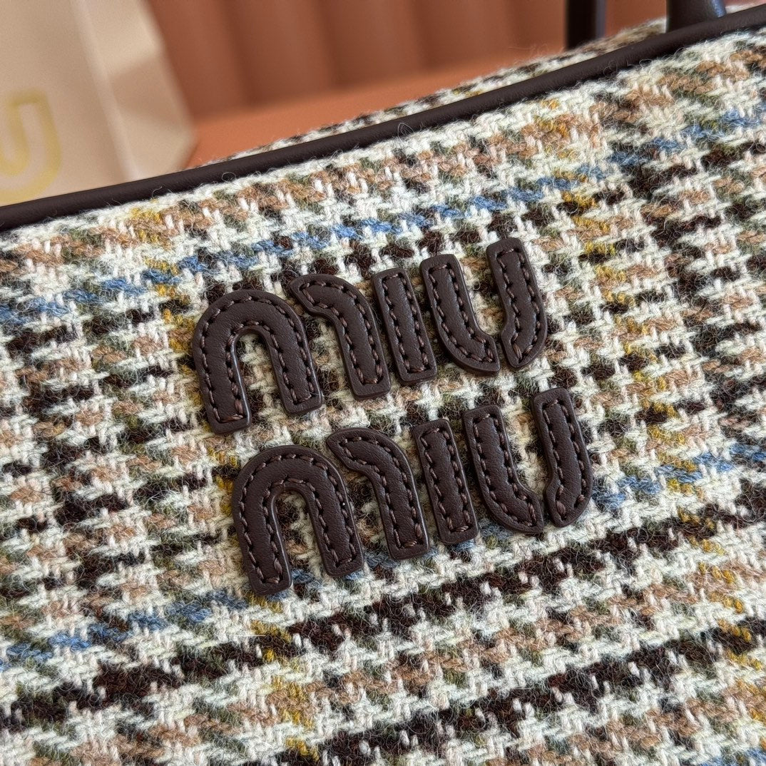 Miu Miu 26S Beau Canvas Bag 28 in Multicolor Wool and Brown Calfskin