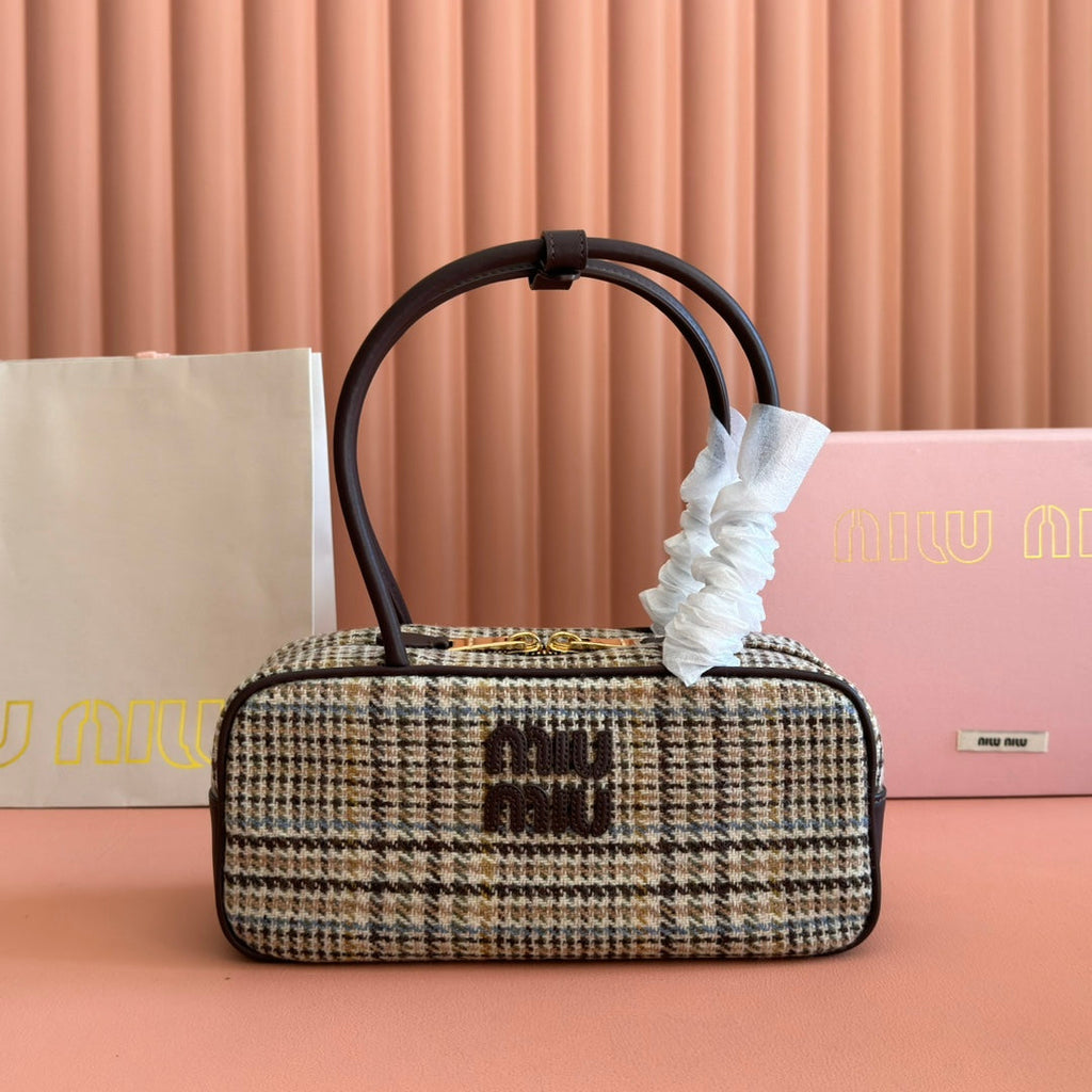 Miu Miu 26S Beau Canvas Bag 28 in Multicolor Wool and Brown Calfskin