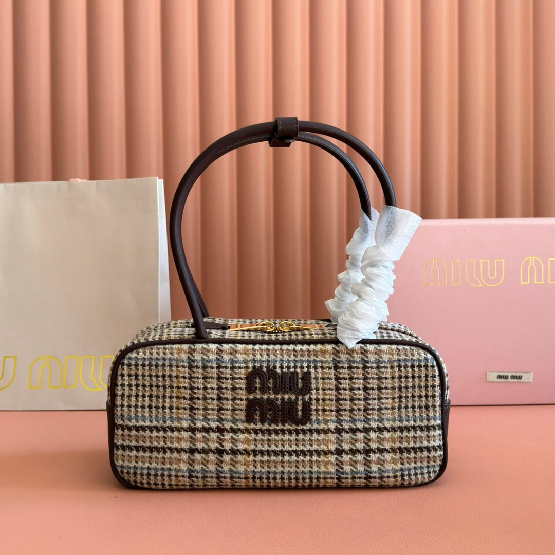 Miu Miu 26S Beau Canvas Bag 28 in Multicolor Wool and Brown Calfskin