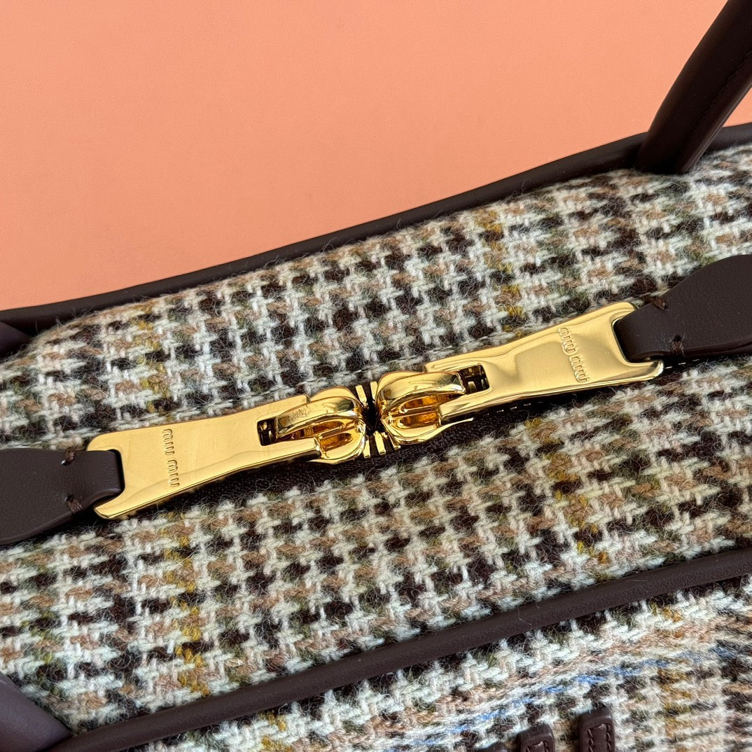 Miu Miu 26S Beau Canvas Bag 28 in Multicolor Wool and Brown Calfskin
