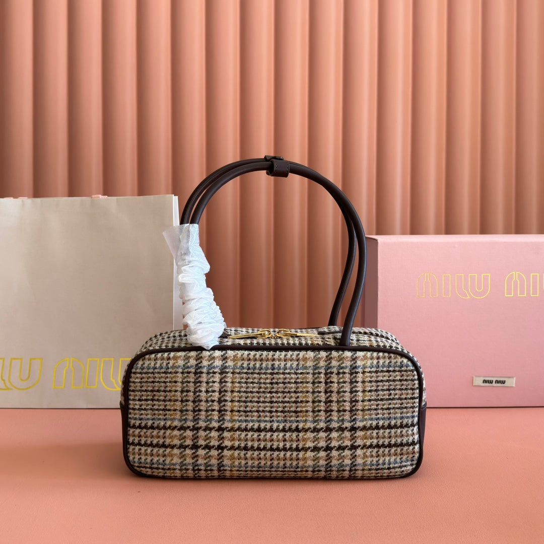 Miu Miu 26S Beau Canvas Bag 28 in Multicolor Wool and Brown Calfskin