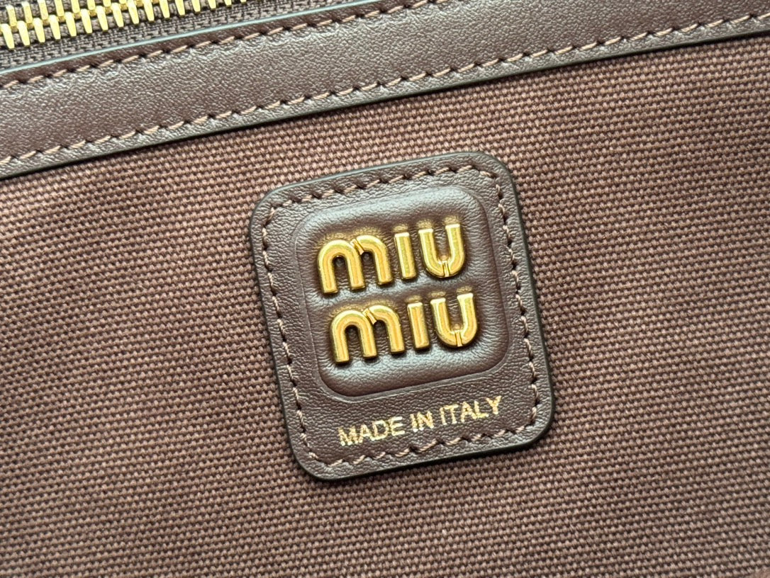 Miu Miu 26S Ivy 40 Tote in Chocolate Brown Canvas and Dark Brown Calfskin