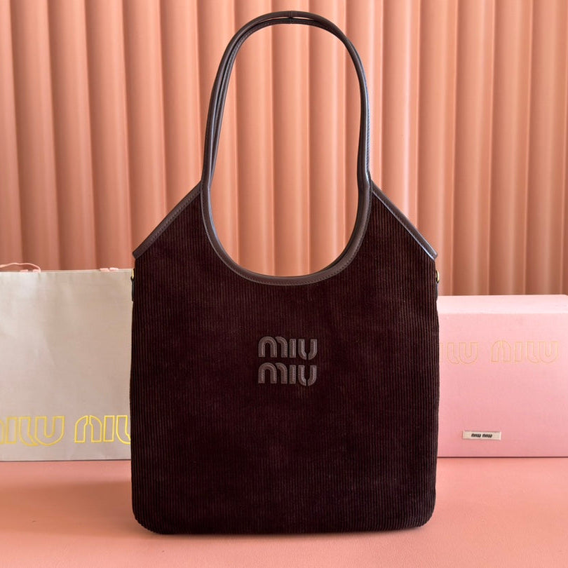 Miu Miu 26S Ivy 40 Tote in Chocolate Brown Canvas and Dark Brown Calfskin