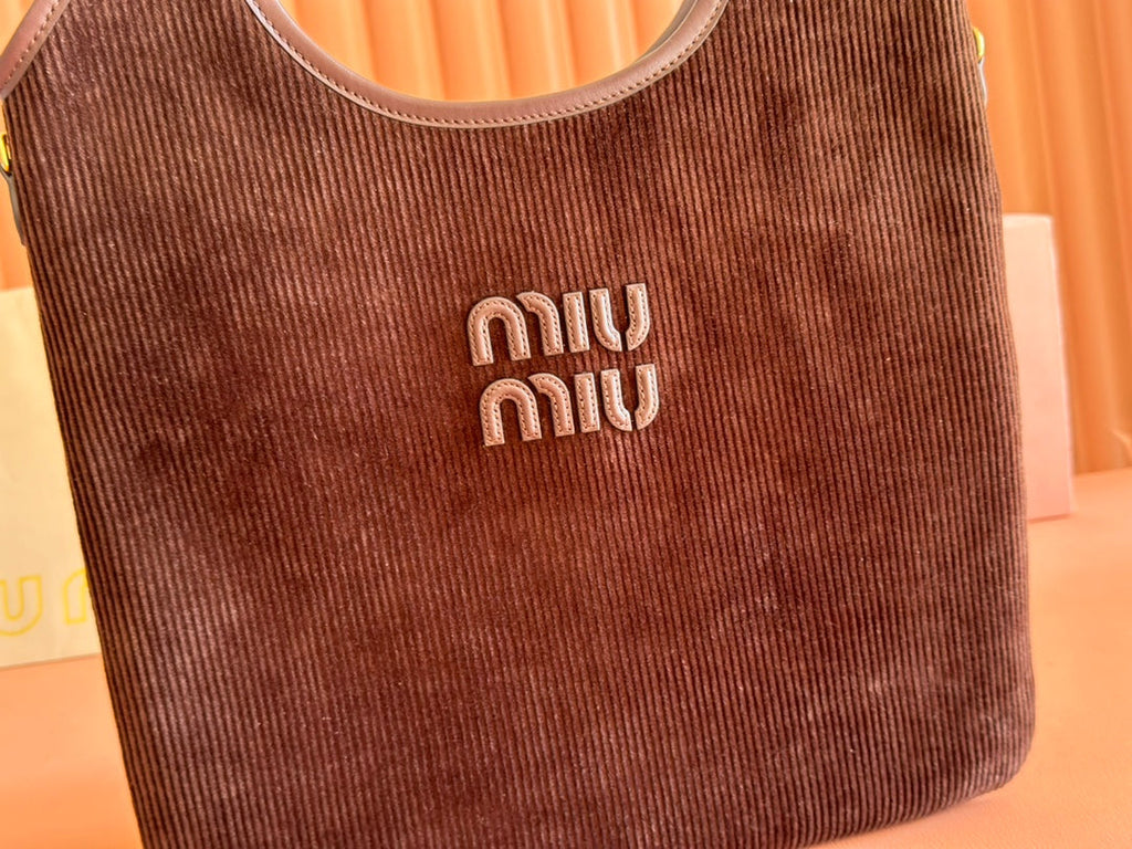 Miu Miu 26S Ivy 40 Tote in Chocolate Brown Canvas and Dark Brown Calfskin